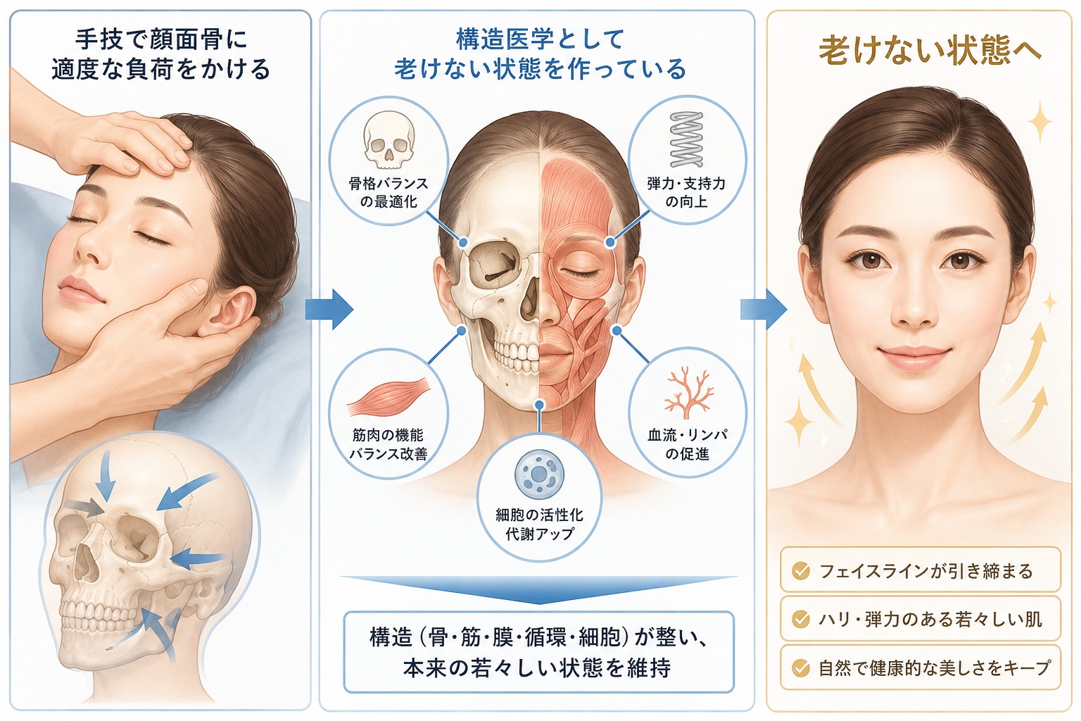 手技で骨に負荷をかけて構造医学として老けない状態を作る『顔ドック』